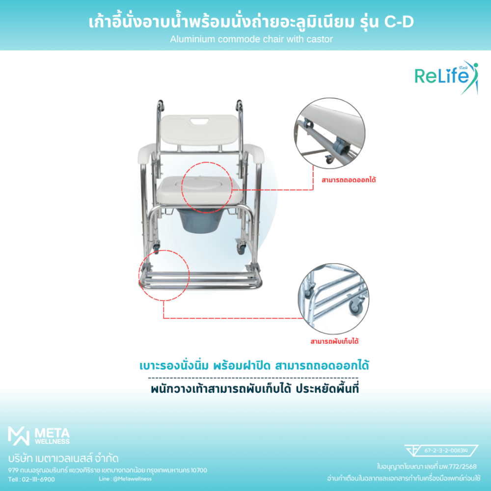 เก้าอี้นั่งอาบน้ำ RELIFE พร้อมนั่งถ่ายอะลูมิเนียม รุ่น C-D
